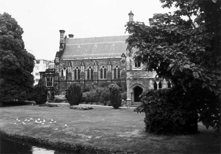 Canterbury Provincial Buildings, Christchurch, from the river bank, showing the Stone Chamber and Bellamy's