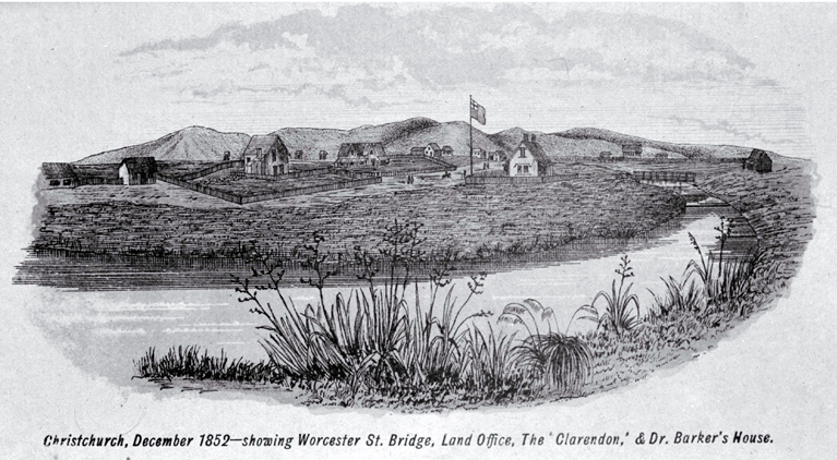 Christchurch, December 1852, showing Worcester Street bridge, Land Office, the Clarendon, and Dr Barker's house 
