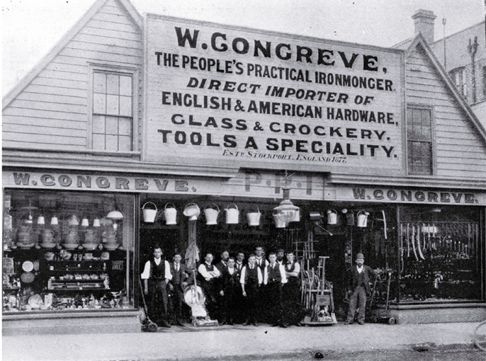 Staff outside W. Congreve's ironmongery and hardware store, 129 & 131 Colombo Street, Christchurch 