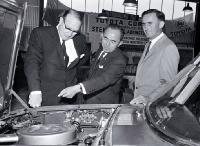 The Minister of Finance and the Export Director of Toyota Sales Co. examining the first Toyota Corona to be assembled in Christchurch 