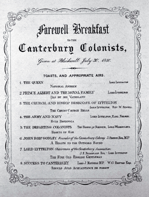 Lists of toasts and appropriate airs at the farewell breakfast to the Canterbury colonists given at Blackwell 