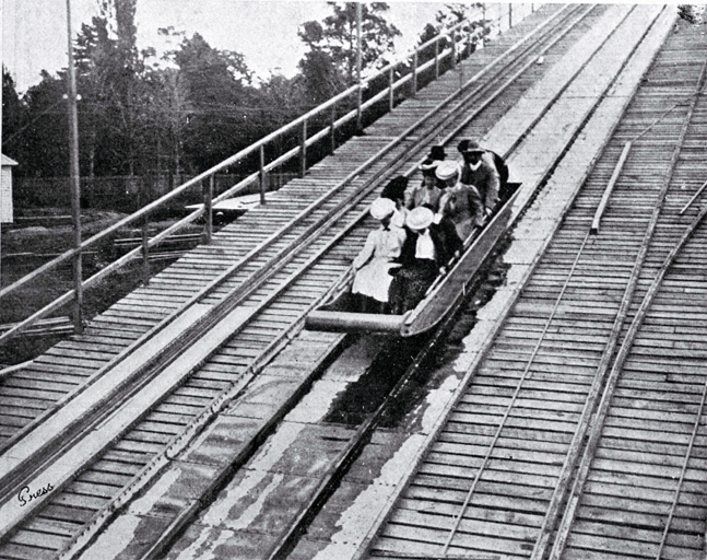 New Zealand International Exhibition 1906-1907 : sequence of going down the water chute.
