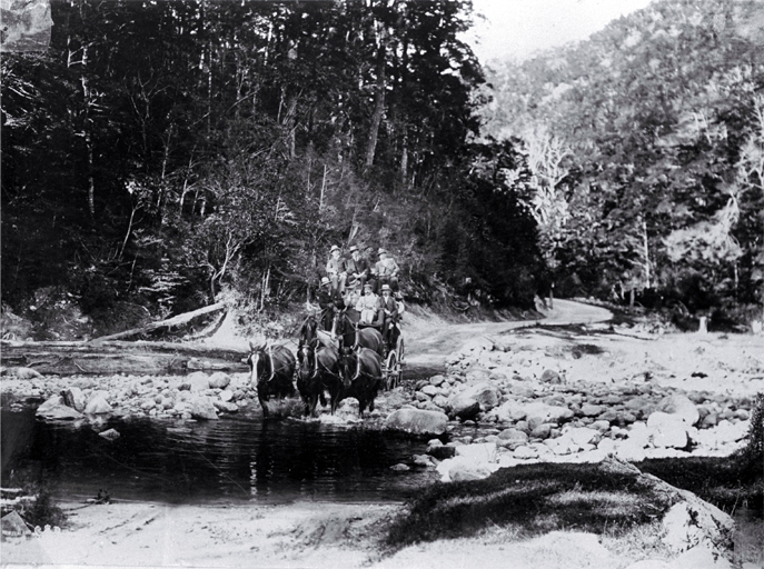 A coach fords a stream on the Buller Gorge road, West Coast 