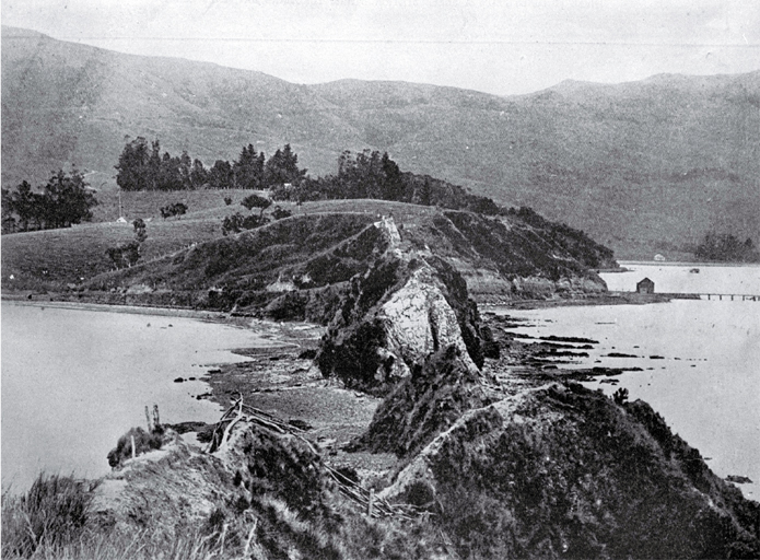 A historic spot in Akaroa Harbour at the neck of the Onawe Peninsula : remains of the Takapuneke Pa can still be seen.