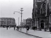 Pedestrians in Cathedral Square, looking up Colombo Street north, Christchurch 