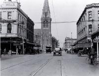 Looking south down Colombo Street through Cathedral Square from the corner of Gloucester and Colombo Street, Christchurch 