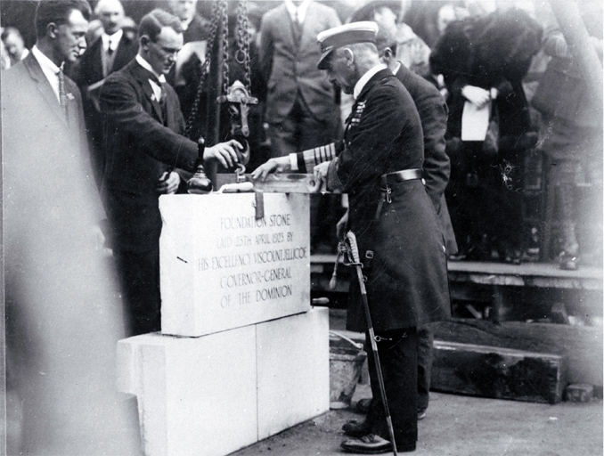 Lord Jellicoe sees the foundation stone is in place, Bridge of Remembrance 