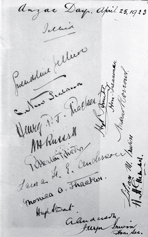 Page one of the signatures placed in "The History of the Canterbury Regiment 1914-1919", foundation stone ceremony, Bridge of Remembrance 