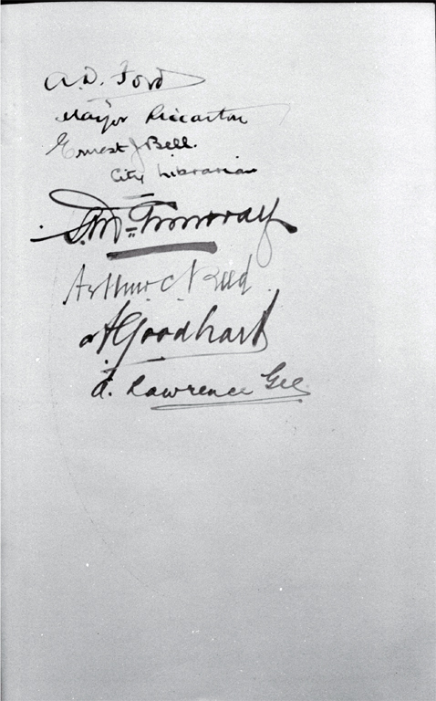 Page two of the signatures placed in "The History of the Canterbury Regiment 1914-1919", foundation stone ceremony, Bridge of Remembrance 