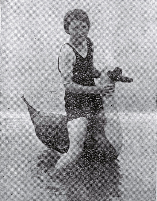 The "Goose Girl" : a young bather tests out her new inflatable at a local Christchurch beach.