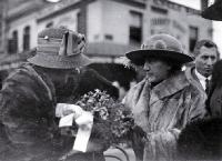 Lady Jellicoe chatting with (possibly) Mrs Wyn Irwin after the proceedings of the laying of the foundation stone, Bridge of Remembrance 