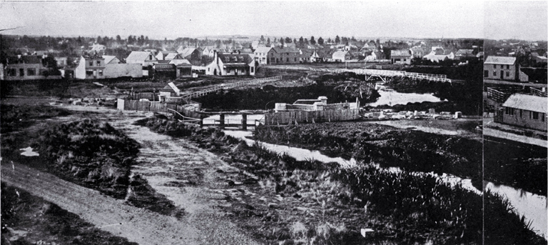 Market Place (later Victoria Square), Christchurch, 1862 : a panorama looking towards the north-east.