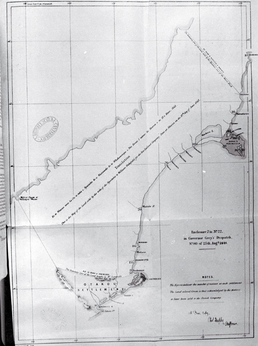 Map of land sold by Ngai Tahu to William Wakefield for the New Zealand Company, drawn on 12 June 1848 by Charles Heaphy 