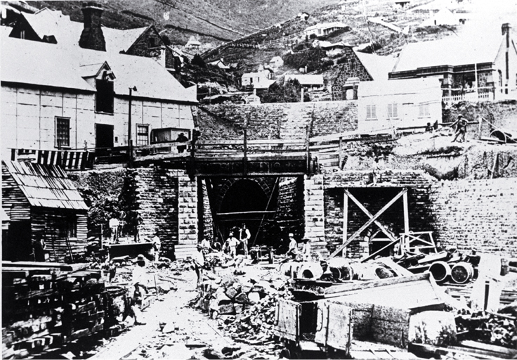 The Lyttelton portal of the Lyttelton Rail Tunnel with construction workers 