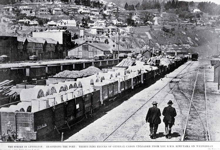 The port at Lyttelton re-opening after the strike : showing the rail-yards with 39 trucks of general cargo unloaded from the S.S. Rimutaka 