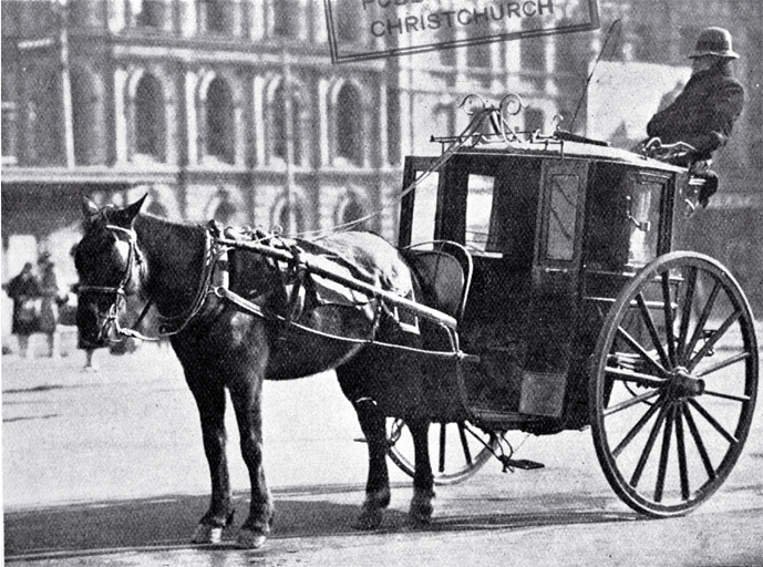 A hansom cab in Cathedral Square, Christchurch, waiting for customers 