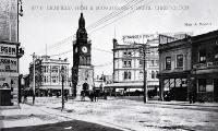 The clock tower when it was situated at the corner of Lichfield, High and Manchester Streets before it was moved to its present site in Victoria Street [ca. 1915]