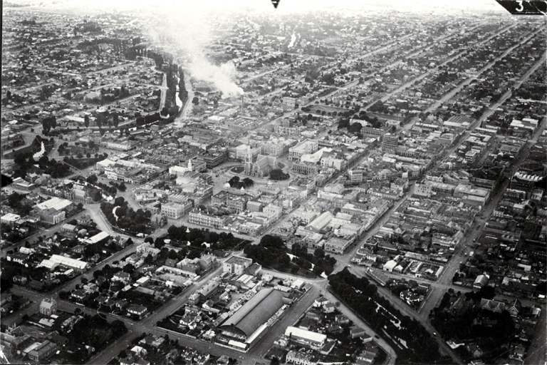 Smoke emanates from the City Council's destructor in an aerial photo of the central city, Christchurch 
