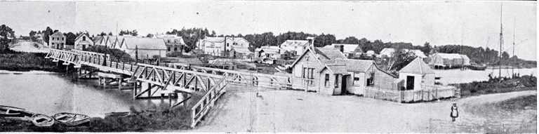 The old Kaiapoi bridge and the north side of town in 1864, North Canterbury 