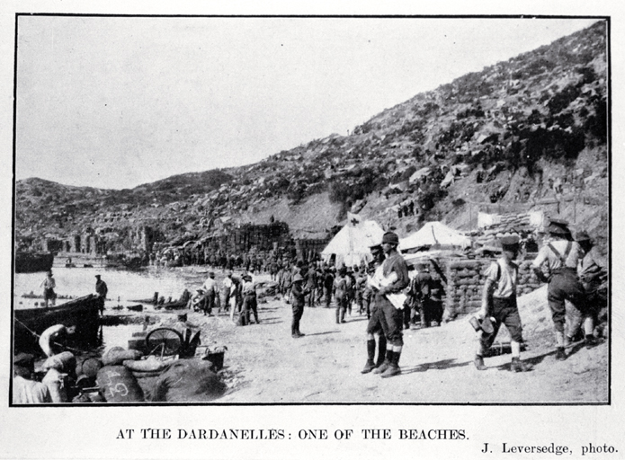 Soldiers near a Red Cross medical tent on one of the beaches at the Dardanelles, Gallipoli