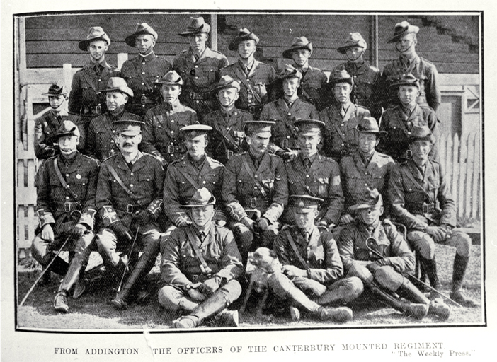 The officers of the Canterbury Mounted Regiment, Addington, Christchurch [1914] Shown shortly before their departure for service in the First World War, 1914-1918 File Reference CCL PhotoCD 3, IMG0080 