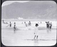 Swimmers in the surf, possibly at a Wellington beach 