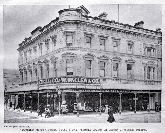 Shoppers strolling by Waterloo House, corner of Cashel and Colombo Streets, Christchurch 