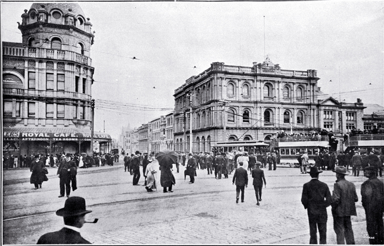 Easter Monday in Cathedral Square, Christchurch : to the left is the Royal Exchange Building, to right the AMP Society building.
