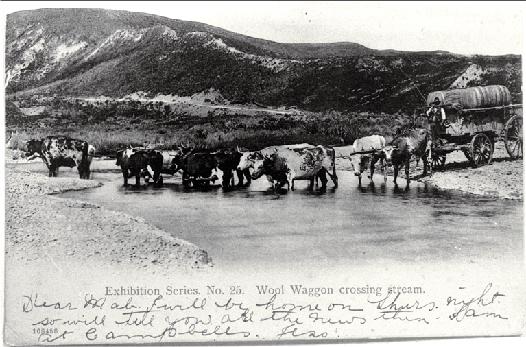 Wool wagon crossing stream 