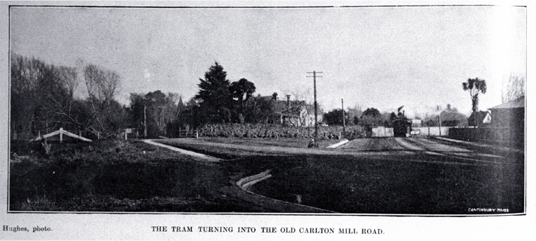 The Fendalton tram turning into the old Carlton Mill Road at the intersection with Harper Avenue and Park Terrace 