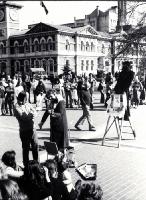 The Christchurch Wizard and the Bible Lady, Renee Stanton, in Cathedral Square, 1977