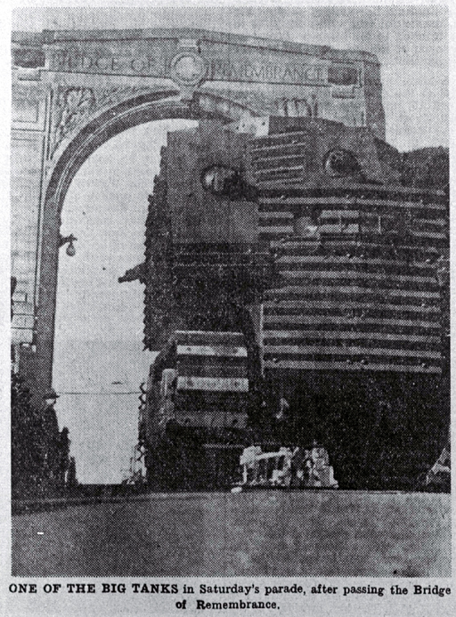 A Bob Semple tank crosses the Bridge of Remembrance during a defence parade through Christchurch 
