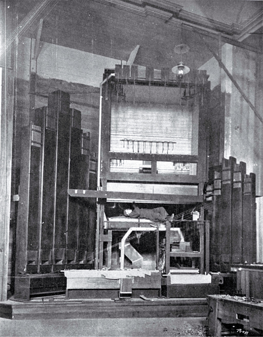 Erecting the electro-pneumatic organ in the Concert Hall for the New Zealand International Exhibition in Hagley Park, Christchurch 