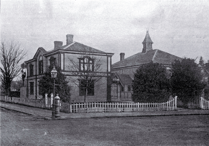 The Library buildings pictured from the Hereford Street bridge, 1897.