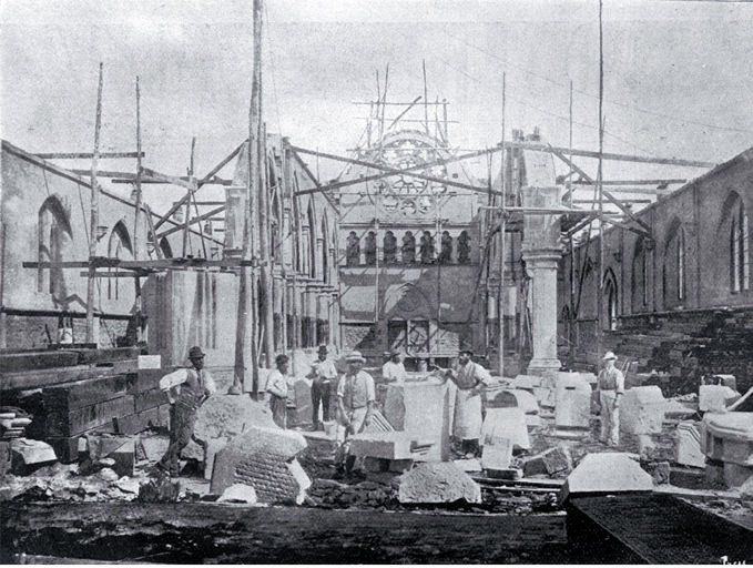 Interior of Christchurch Cathedral shown while under construction 