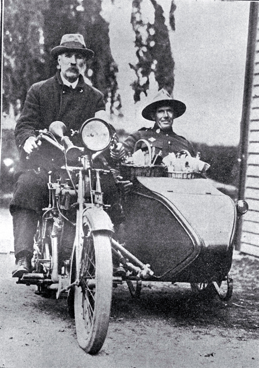 A returned soldier in a motorcycle sidecar taking food to patients during the 1918 influenza epidemic 