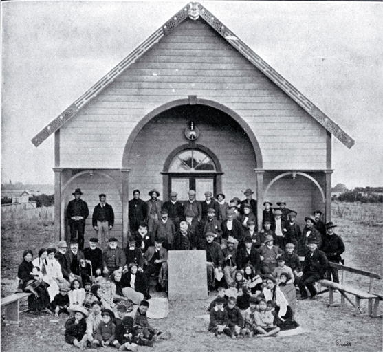 "The natives assembled in front of the Arowhenua Pa meeting house, Temuka" 