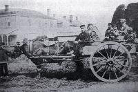 The Stanley family in their bullock cart in Cathedral Square, Christchurch 
