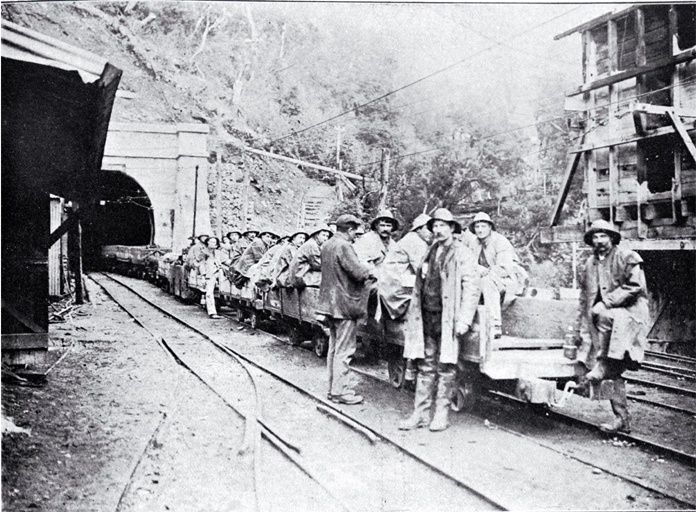 Men about to go to work on the Otira end of the Arthur's Pass Tunnel 
