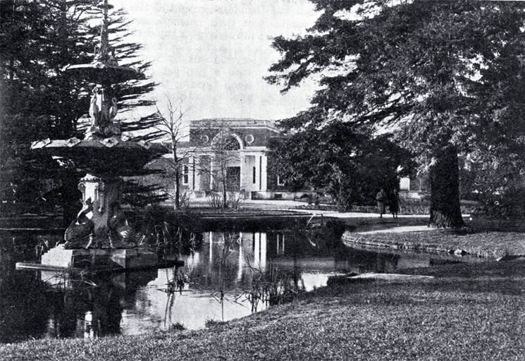 A view of the lily pond and Peacock Fountain with the McDougall Art Gallery in the background, Botanic Gardens, Christchurch 