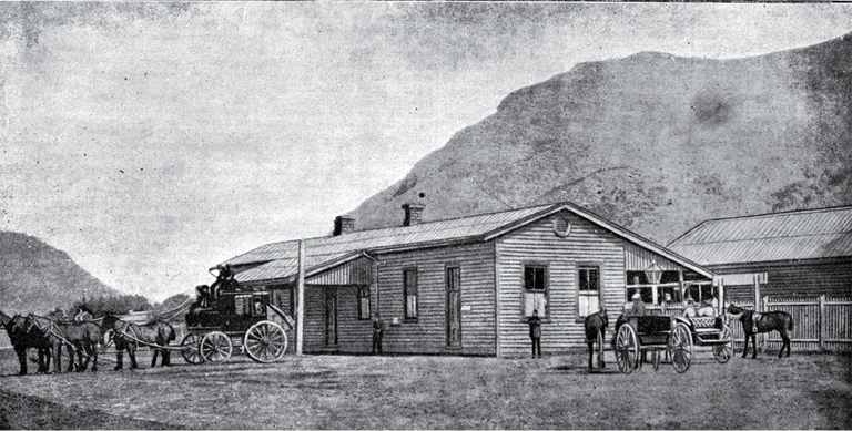 The Little River railway station : the coach shown leaving for Akaroa.