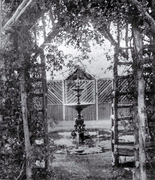 An ornate fountain at Buxton's Nursery, Wilsons Road, Opawa, Christchurch 