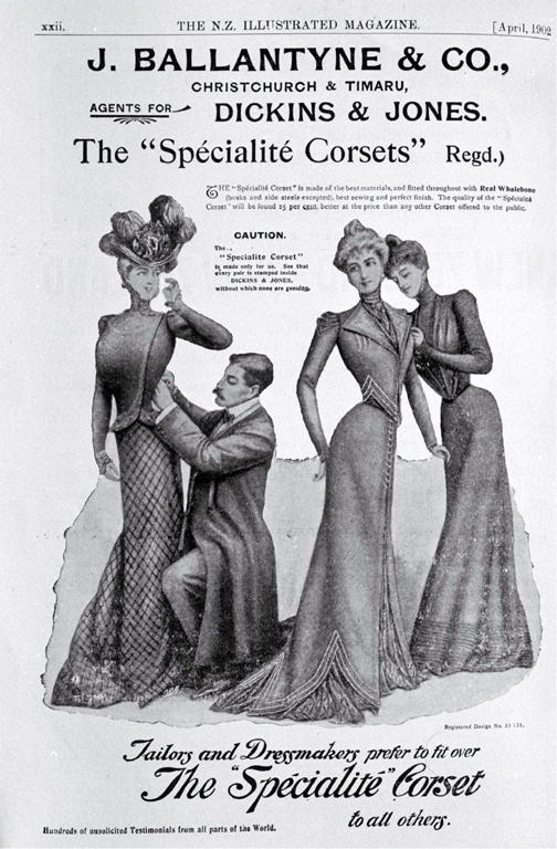 An advertisement for corsets sold by J. Ballantyne & Co., Christchurch and Timaru [1902] CCL PhotoCD 8, IMG0081