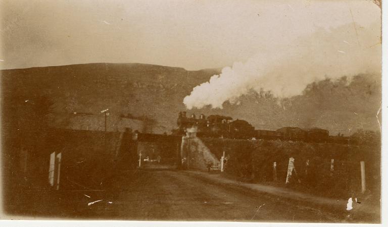 Steam train passing over viaduct, Martindale Road, Heathcote