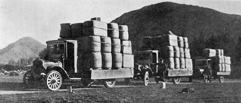 A portion of the wool clip leaving Lake Coleridge station for the railway at Glenntunnel.