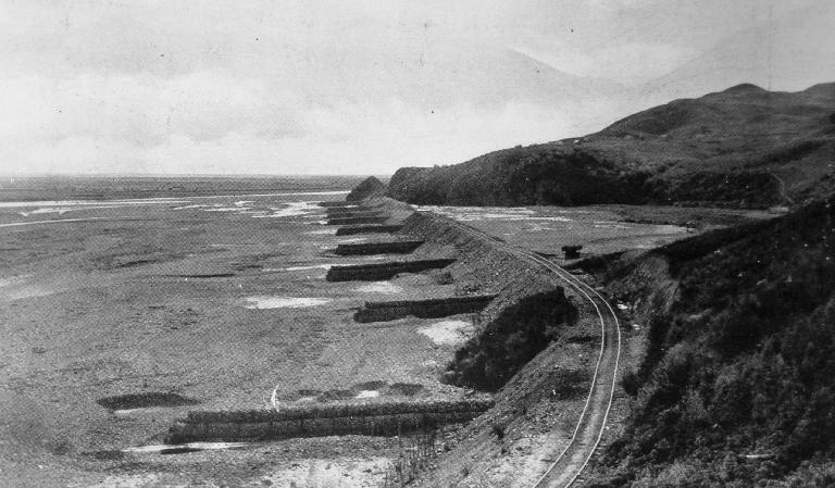 Large groins constructed in the Waimakariri river-bed to protect the railway line in time of flood.