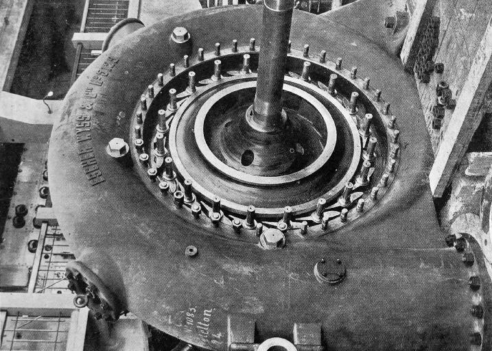 One of the main 2000 horse-power turbines, made by the famous Swiss engineers, Escher Wyss and Co.