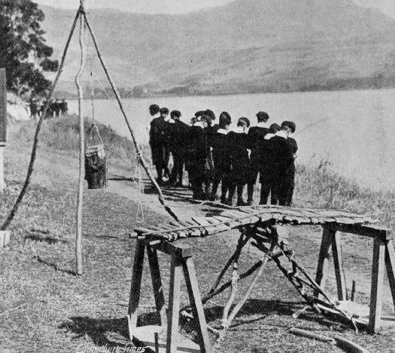A bridge built by the cadets, and a gyn, for lifting purposes.
