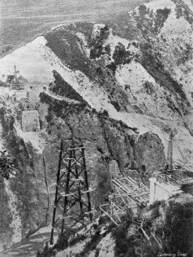 The Staircase Gully bridge - in course of construction. This photograph shows the difficult undertaking of spanning the Broken River.