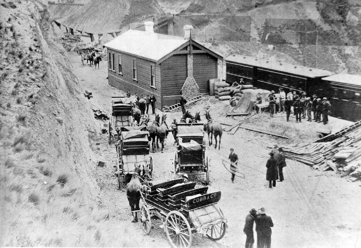 The first coaches to connect with the train at Broken River on the introduction of the one-day service.